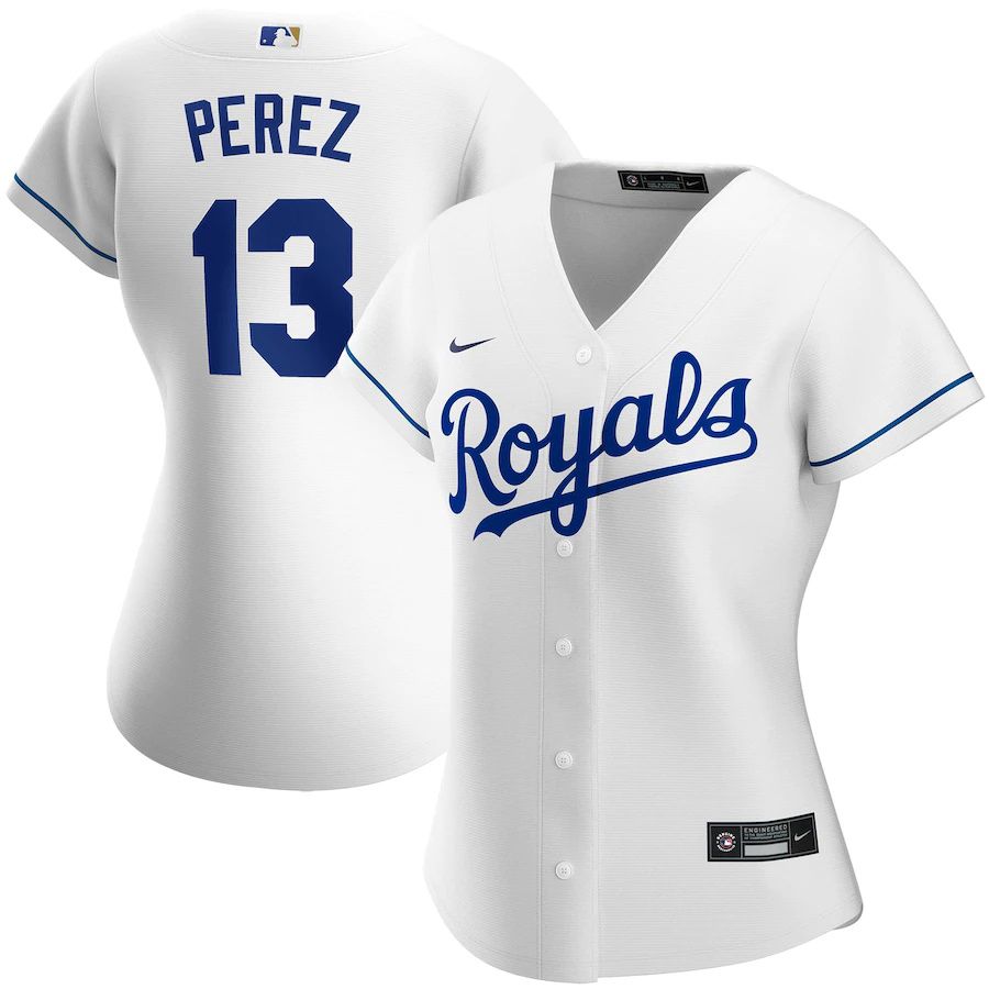 Womens Kansas City Royals 13 Salvador Perez Nike White Home Replica Player MLB Jerseys